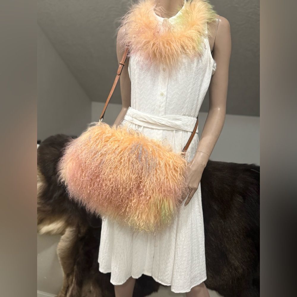 Colorful Real Mongolian Lamb Fur Handmade Boho Style, Fold Over Flap Handbag